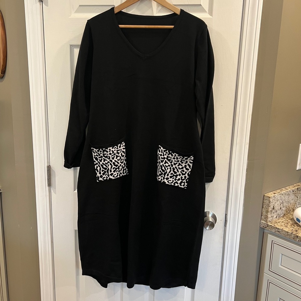 SHEIN Curve Black V-Neck‎ Knit Sweater Dress Leopard Print Pockets 0XL Plus Size